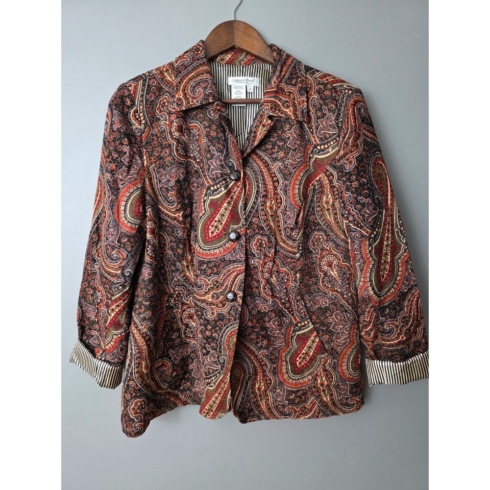 Coldwater Creek Paisley Tapestry Button Front Jacket Red Black Orange Medium